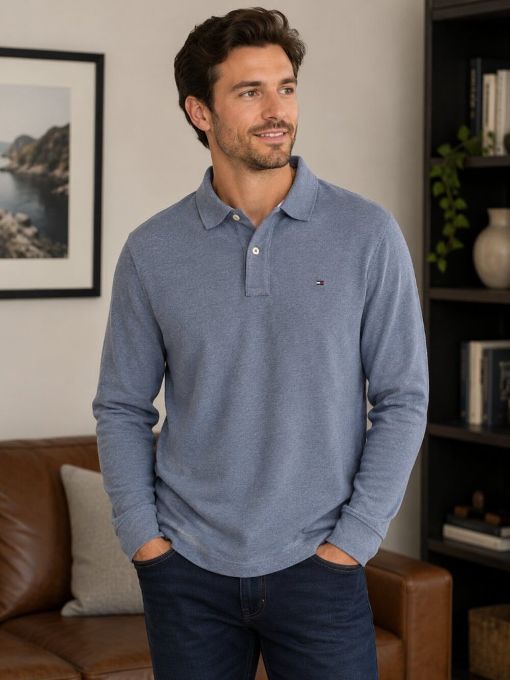 Tommy Hilfiger Men's Blue Polo Shirt Size Medium Classic Fit Long Sleeve Casual